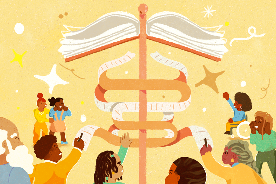 Illustration of Black community members "rewriting" the healthcare symbol