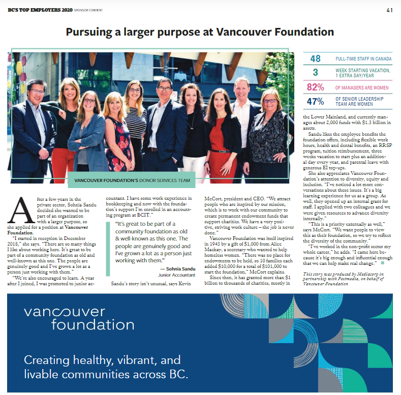 A clipping of Vancouver Foundation's article in the BC's Top Employer magazine.