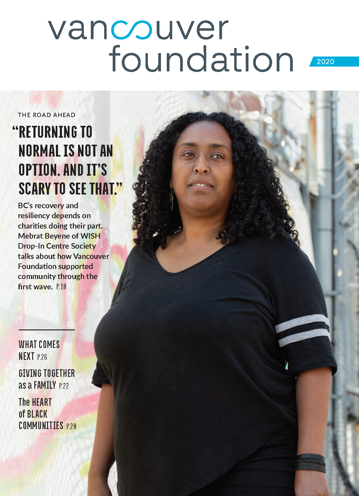 2020 Vancouver Foundation cover featuring Mebrat Beyane, who has dark skin and shoulder-length curly hair, standing in a black T-shirt. 