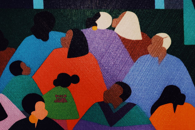 A woven-style colourful illustration of a diverse group of people of colour of various ages 