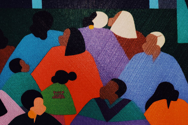 A woven-style colourful illustration of a diverse group of people of colour of various ages