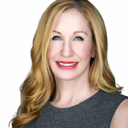 Headshot of Kelly Woodall, a smiling woman with long blonde hair and light eyes wearing red lipstick and a grey herringbone blouse