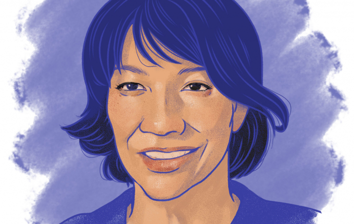Leslie Varley – Illustration Illustration of Leslie Varley, a smiling woman with short dark hair, done in purple