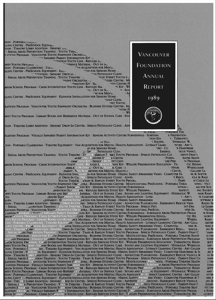 Cover of a publiication featuring a logo of two mountains made out of lines of text, with the title text "Vancouver Foundation Annual Report 1989" enclosed in a black box