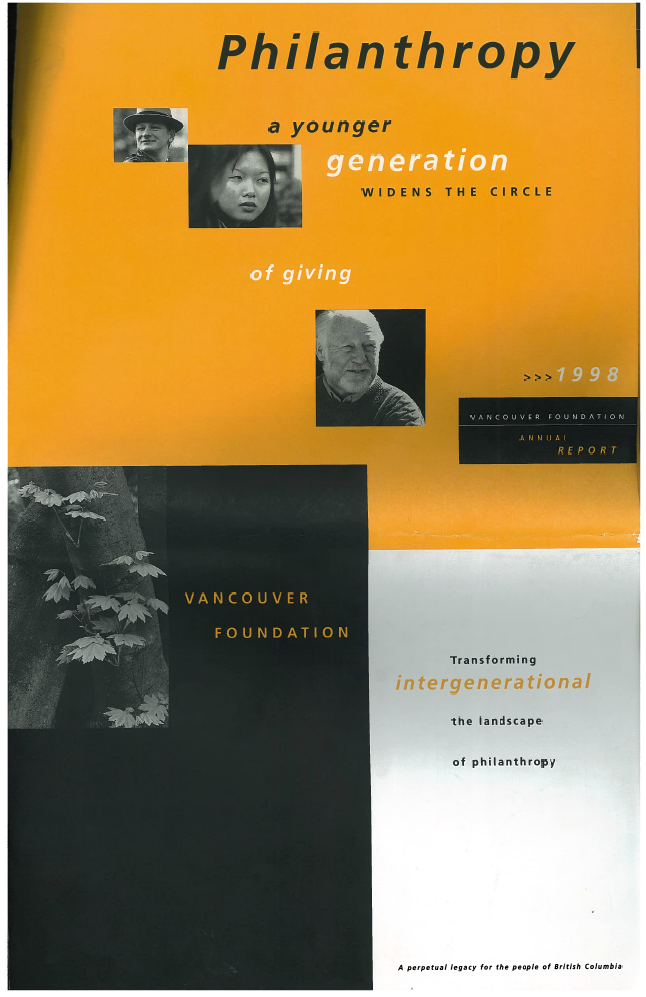 Cover of a publication featuring a white, black and orange blocks of colour, diverse photos of people, with the text "Vancouver Foundation Annual Report 1998"
