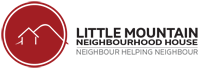 White outline of a house in front of the outline of a mountain on a red circle background with the text "Little Mountain Neighbourhood House, Neighbour helping Neighbour" in black