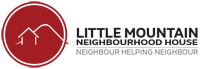 LIttle-Mountain-Neighbourhood-House-logo White outline of a house in front of the outline of a mountain on a red circle background with the text "Little Mountain Neighbourhood House, Neighbour helping Neighbour" in black