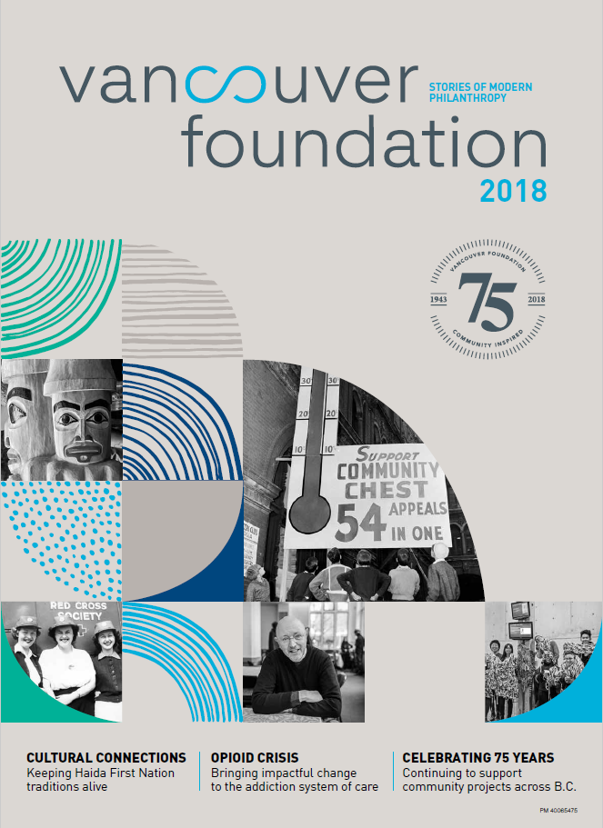 Magazine cover featuring various black and white photographs and half-circle line and dot graphics in shades of blue and grey, text reading "Vancouver Foundation 2018, Stories of Modern Philanthrophy"