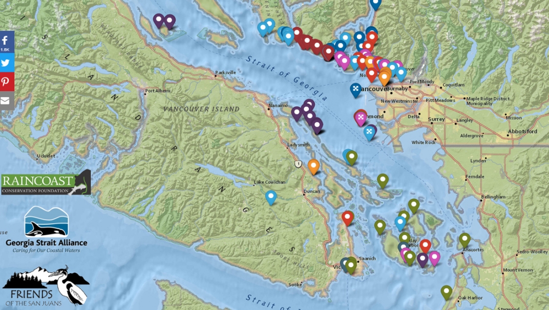 A map of the Vancouver Coast and Vancouver Island with location markers indicating areas affected by oil spills