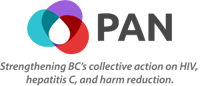 Three intersecting circles of blue, purple and red with a white teardrop in the middle, Pacific Aids Network Logo