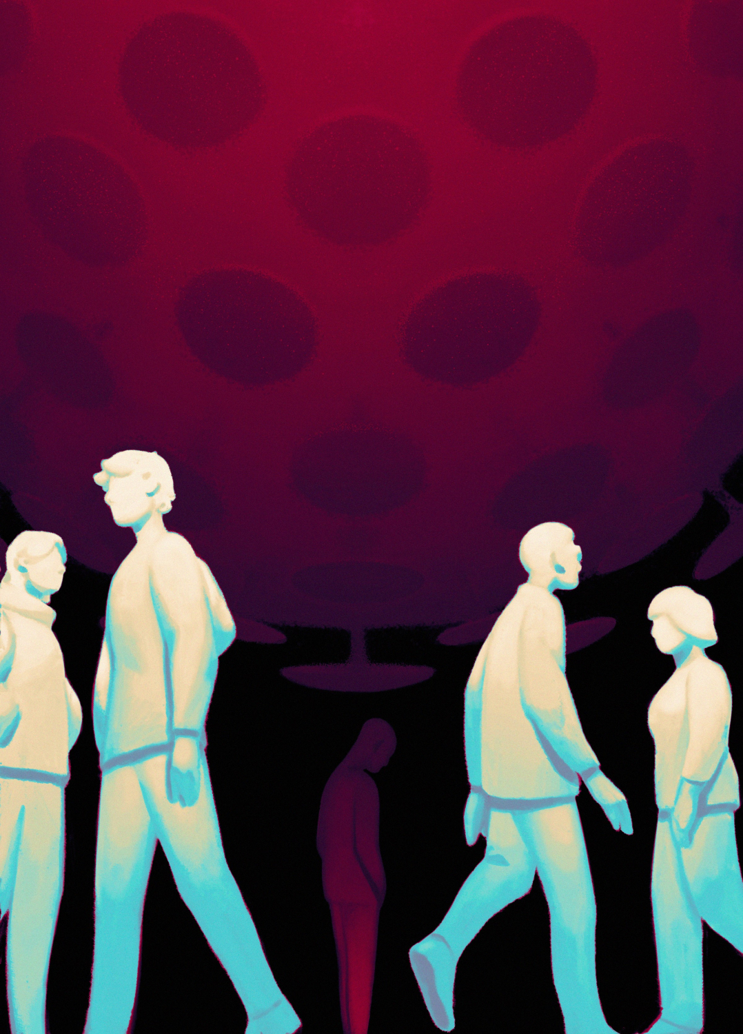 Story Illustration Illustration of a figure in red standing under a looming red Coronavirus, with white and blue figures in the foreground