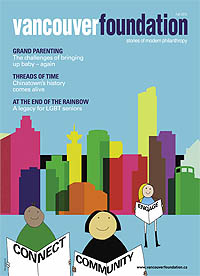 Magazine cover of colourful blocky building silouettes and three smiling diverse people holding signs with "Connect, Community, Engage" respectively, title text reading "Vancouver Foundation 2012"