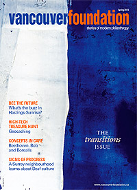 Magazine cover featuring a wall painted half white and half dark blue, title text reading "Vancouver Foundation 2013 Spring, The Transitions Issue"