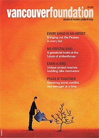 Magazine cover featuring an illustration of a man watering a bare tree against an orange background, title text reading "Vancouver Foundation 2008 Fall"