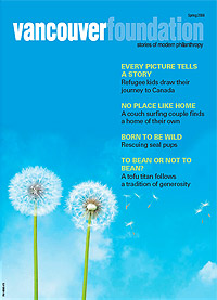 Magazine cover of two dandelion puffballs against a bright blue sky, title text reading "Vancouver Foundation 2008"