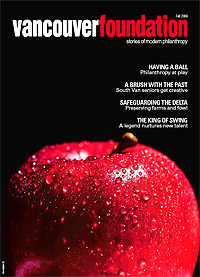 Magazine cover featuring an apple covered in beads of moisture, title text reads "Vancouver Foundation 2009"