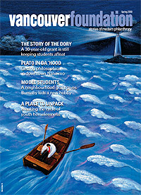 Magazine cover featuring an illustration of a person in a wooden boat paddling to a lighthouse in choppy water, title text reading "Vancouver Foundation 2009"