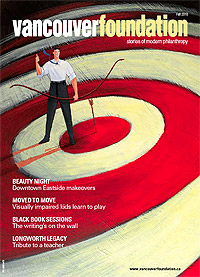 Magazine cover featuring an illustrated man holding an archers bow, standing in a target with an arrow in the bullseye, title text reading "Vancouver Foundation 2010"