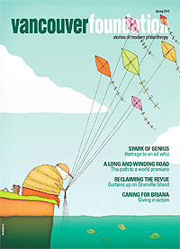 Magazine cover featuring an illustration of a person holding kite strings by the waters edge, title text reading "Vancouver Foundation 2010 Spring"