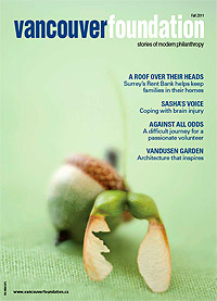 Magazine cover featuring an acrone and maple seed on a green background, title text reading "Vancouver Foundation 2011 Fall"