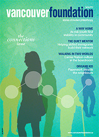 Magazine cover featuring human silouettes connected by lines and circles, title text reading "Vancouver Foundation 2012 Spring, The Connections Issue"