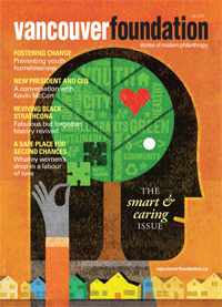Magazine cover featuring an illustration of a tree above little houses, over the profile of a human head, with a hand sliding a puzzle piece in place, title text reading "Vancouver Foundation 2013, the Smart and Caring Issue"
