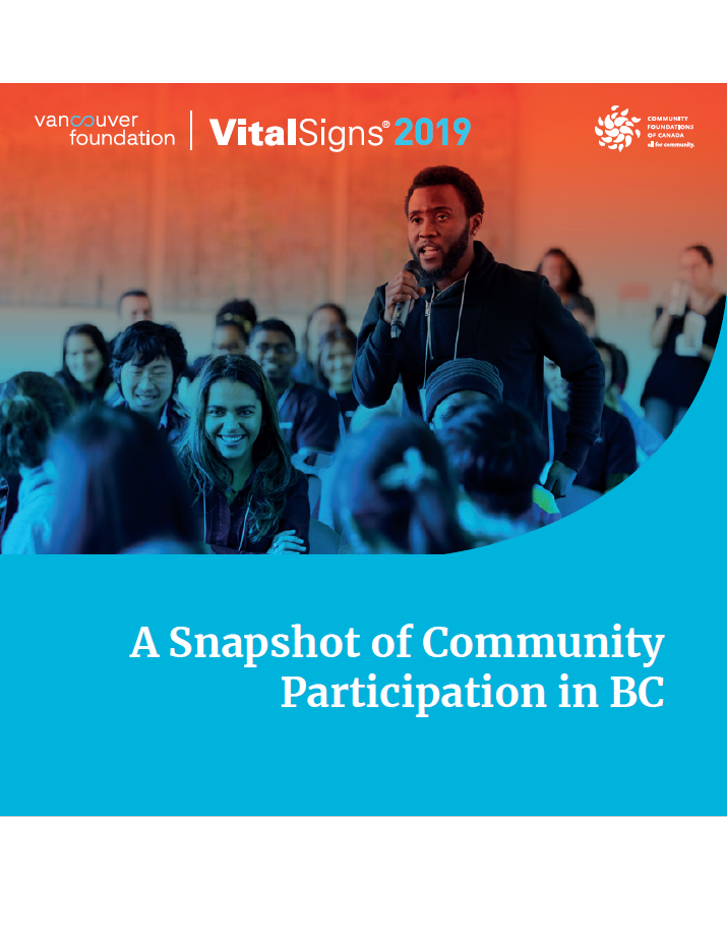 Cover of a publication featuring a young black man speaking to a room of youth on a blue background, with text reading "Vancouver Foundation Vital Signs 2019, A Snapshot of Community Participation in BC"