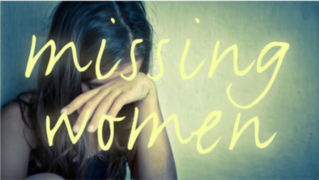 A crying dark haired woman with the text "Missing Women" superimposed in yellow overtop