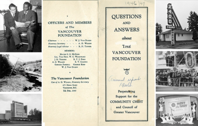 Front and back of a pamphlet with pictures of buildings and people, and text that reads "Questions and Answers about The Vancouver Foundation 1946" scrawled on the front in pencil.