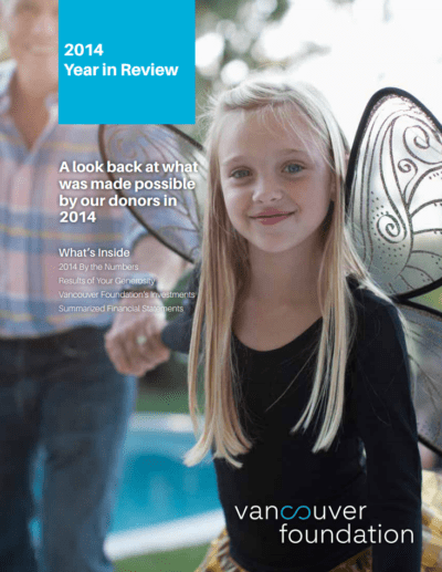 Cover of a publication featuring a little girl smiling and wearing fairy wings, with the text "2014 Year in Review, Vancouver Foundation"
