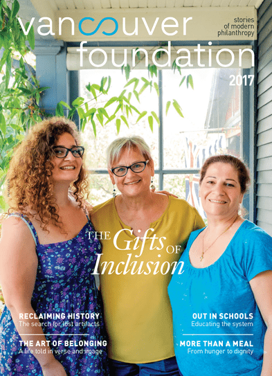 Cover of a publication featuring three smiling women of various ages standing in a covered porch with the title text "Vancouver Foundation 2017, The Gift of Inclusion"