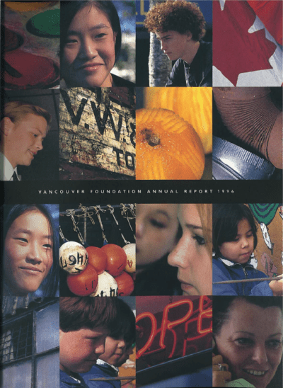 Cover of a publication featuring several images of people, objects and buildings with the text "Vancouver Foundation Annual Report 1995" in the middle