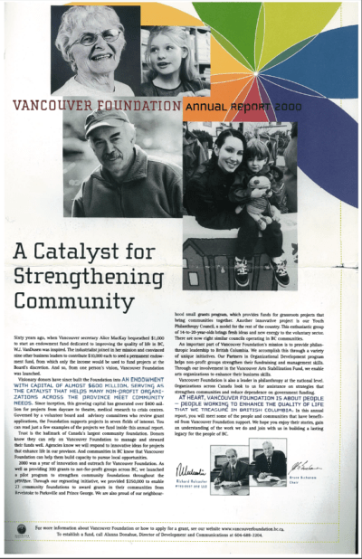 Cover of an article featuring several pictures of smiling people with the title "Vancouver Foundation Annual Report 2000"