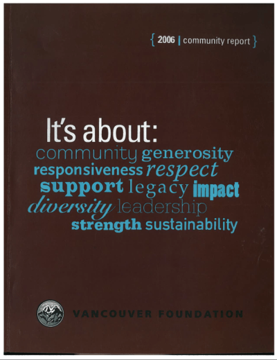 Cover of a publication featuring a blue word cloud on a brown background with the title text "2006 Community Report, Vancouver Foundation"