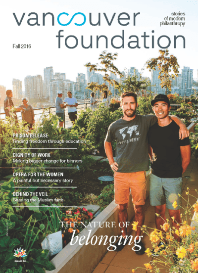Cover of a publication featuring two young men standing in a garden with the text "Vancouver Foundation, Fall 2016, the Nature of Belonging"
