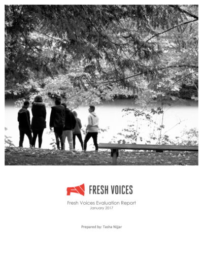 Fresh-Voices-Evaluation-Report-Executive-Cover Cover of a publication featuring a group of youth by the edge of a body of water, with the text "Fresh Voices, Fresh Voices Evaluation Report, January 2017"