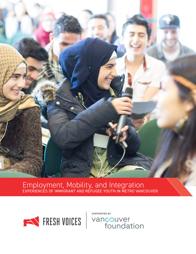 Cover of a publication featuring a young smiling woman in a hijab holding a microphone, with the text "Employment, Mobility and Integration, Experiences of immigrant and refugee youth in Metro Vancouver, Fresh Voices Supported by Vancouver Foundation"