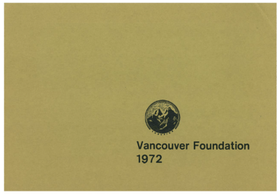A yellow-brown book cover with the text " Vancouver Foundation 1972" with linograph logo of two mountains with "Enduring" underneath