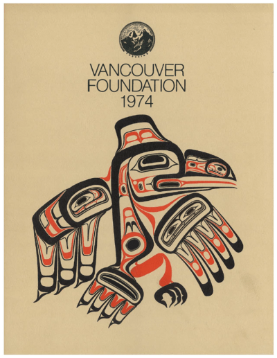 Cover of a publication with an Indigenous artwork of an eagle on a taupe background with the text "Vancouver Foundation 1974" underneath a linograph logo of two mountains with "Enduring" underneath