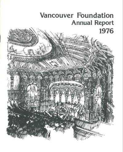 Cover of a publication featuring a line sketch of an opera house with the text "Vancouver Foundation Annual Report 1976" at the top