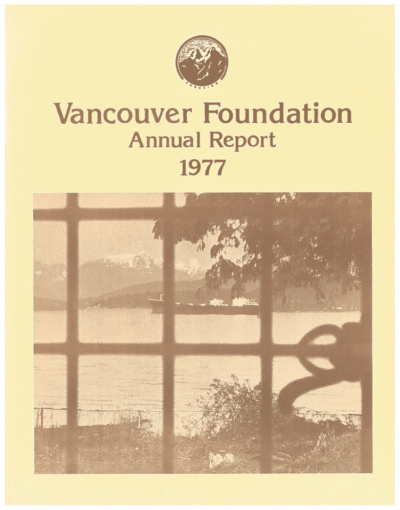 Cover of a publication featuring a ship as seen through the panes of a window with the text "Vancouver Foundation Annual Report 1977" at the top