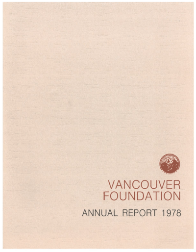 Cover of a publication with the text "Vancouver Foundation Annual Report 1978" underneath a linograph logo of two mountains with "Enduring" underneath