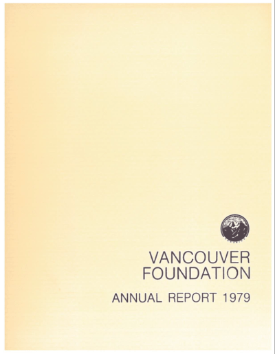 Cover of a publication with the text "Vancouver Foundation Annual Report 1979" underneath a linograph logo of two mountains with "Enduring" underneath