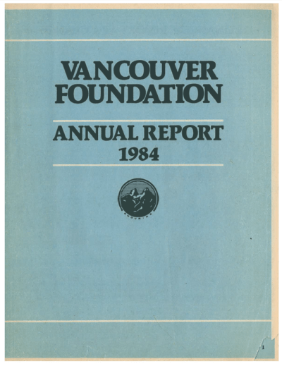 Cover of a publication with the text "Vancouver Foundation Annual Report 1984" above a linograph logo of two mountains with "Enduring" underneath