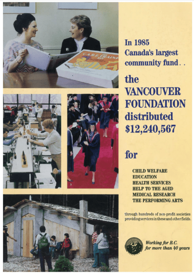 A poster featuring various images of people working, speaking together and graduating with the text "In 1985 Canada's largest community fund, the Vancouver Foundation distributed $12,240,567" for various social services