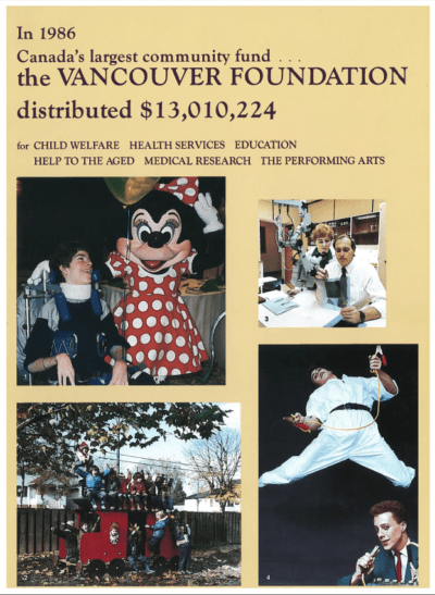 A poster featuring various images of people playing at Disneyland, working and performing with the text "In 1986 Canada's largest community fund, the Vancouver Foundation distributed $13,010,224" for various social services