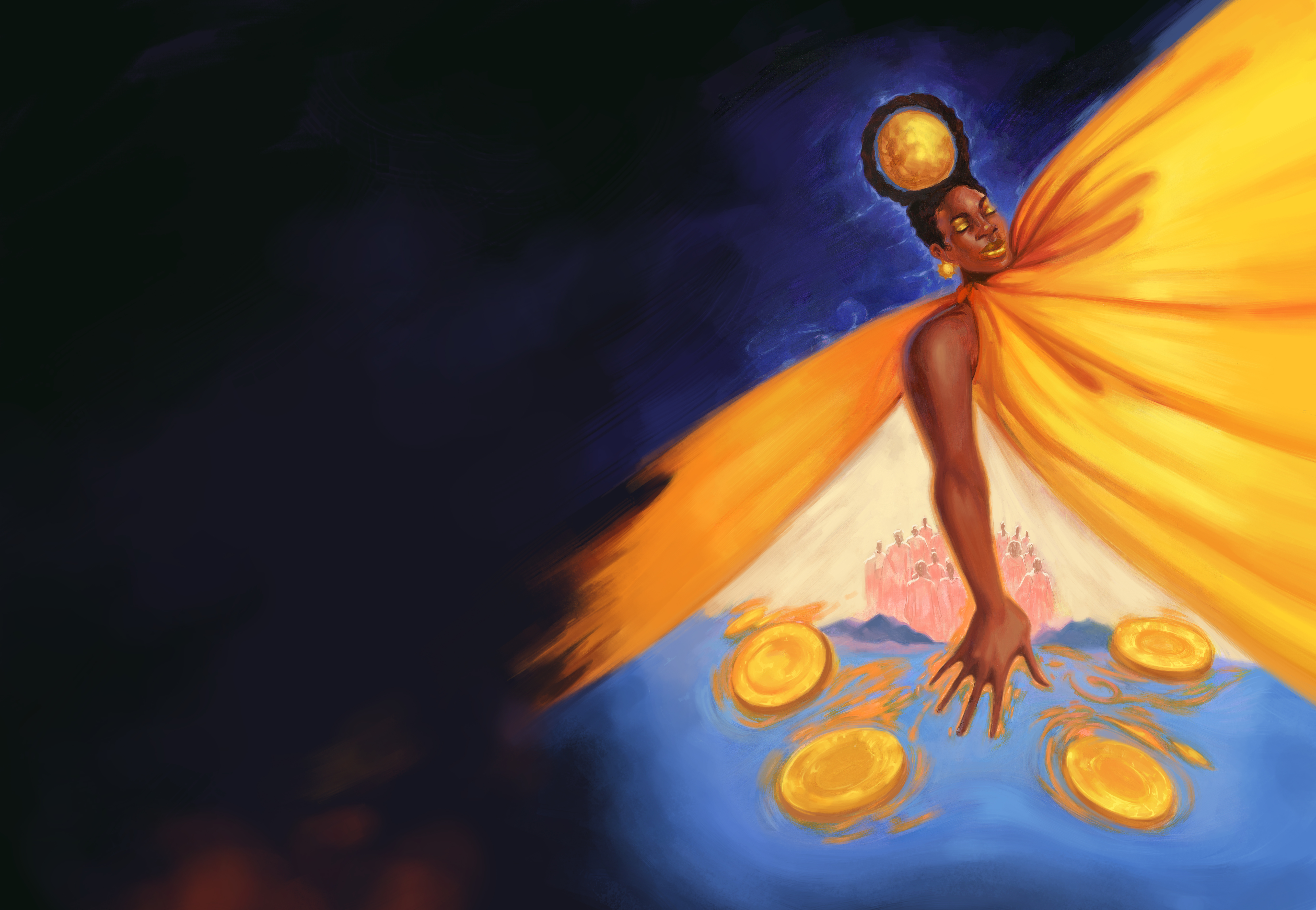 Illustration of a Black woman in a flowing yellow dress with coins by her hands.