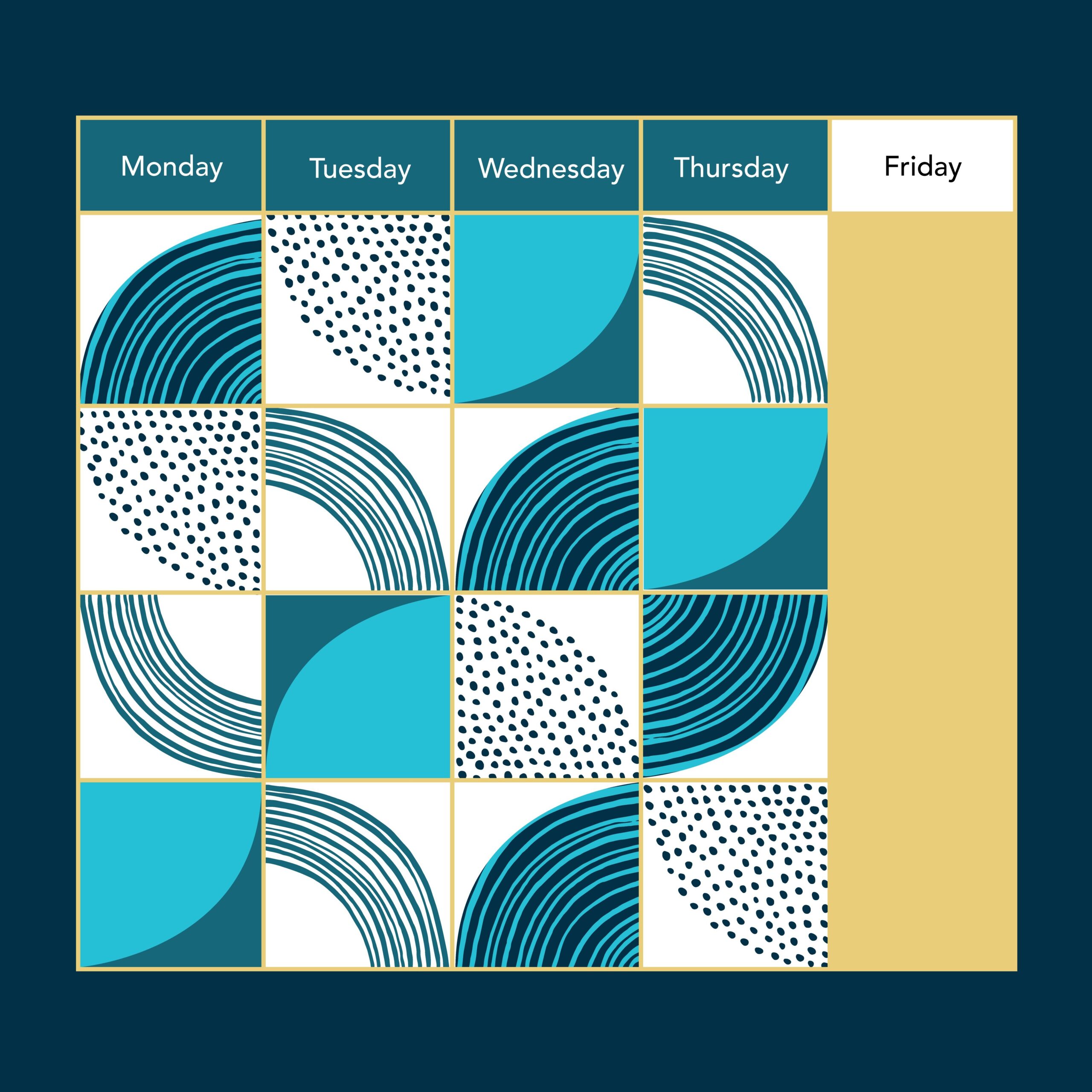 Graphic of a one-week calendar. Mon to Thurs is filled in, Friday is blank.