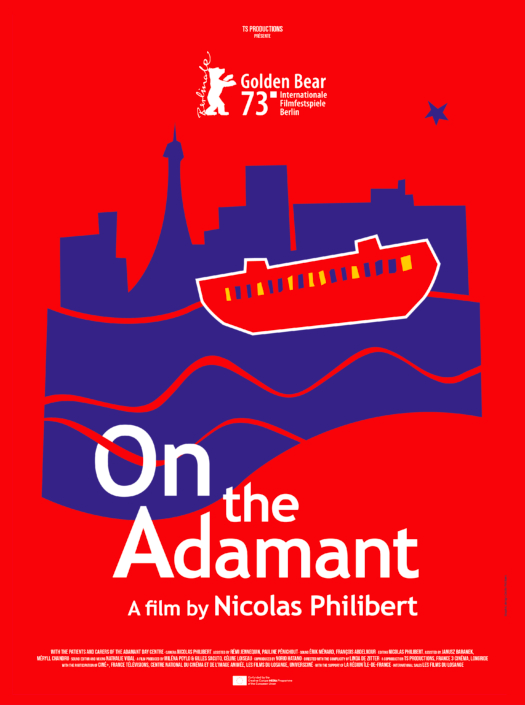 red poster with a purple silhouette of Paris with a red boat