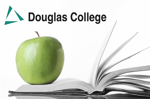 A Granny Smith apple reating on the open page of a textbook, with the words "Douglas College" above it